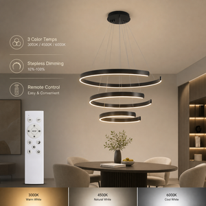 Lustre moderne en métal pour intérieur, LED dimmable avec télécommande, trois anneaux, hauteur réglable, pour salle à manger, salon - Product Image 4