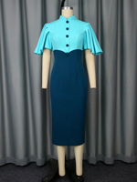 Robe Moulante Mi-Longue Formelle de Carrière Éclectique pour Femmes Grande Taille, Manches à Volants, Col Montant, Blocs de Couleurs Contrastées AM050532 Bleu Ciel