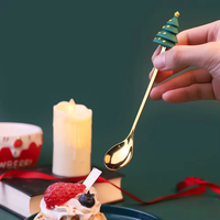 Ensemble de couverts de Noël modernes en acier inoxydable doré |   Fourchette à dessert et cuillère à café avec boîte cadeau pour la décoration de table de Noël