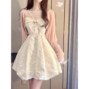 White Pearl Embellished Spaghetti Strap Dress Natural Waist Solid Color Casual Suit For Prom - Product Image 3