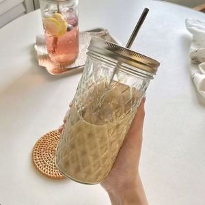 High Quality Wholesale 500ml Wide Mouth Reusable Portable Travel Beverage Glass Tumbler Mason Jar <b>Metal</b> <b>Straw</b> Lid Customized - Product Image 3