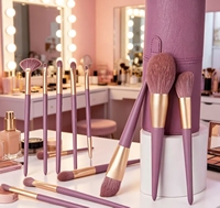 Ensemble de 9 pinceaux de maquillage professionnels roses à manche en bois, poils synthétiques, personnalisables avec logo, pour le visage, les yeux, le correcteur et le baume à lèvres