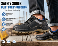 Chaussures de sécurité basses en cuir gaufré pour homme, avec embout en acier et maille double couche, semelle extérieure en PU anti-perforation, idéales pour l'usine et le travail.