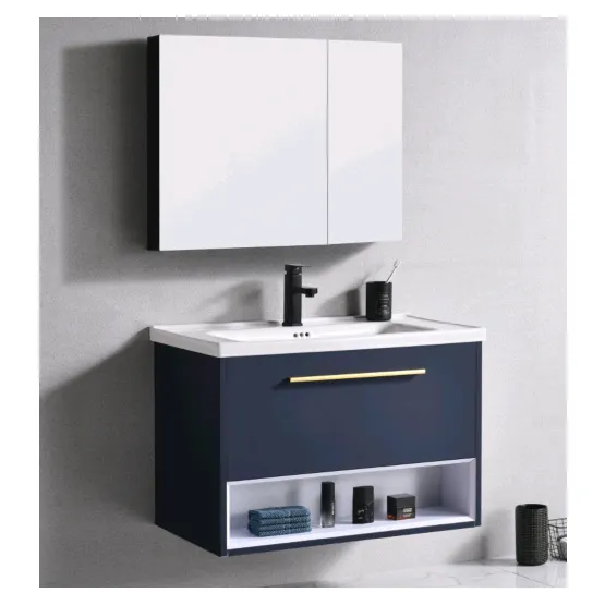 modern wash basin cabinet design blue color Stainless steel bathroom vanity wall mounted cabinet with mirror cheap price
