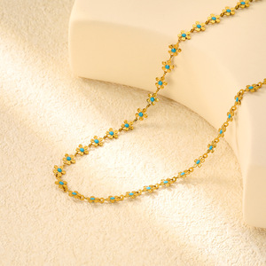 Collier pendentif floral en acier inoxydable plaqué or 18 carats avec pierres bleues pour femmes, bijoux tendance - Product Image 3