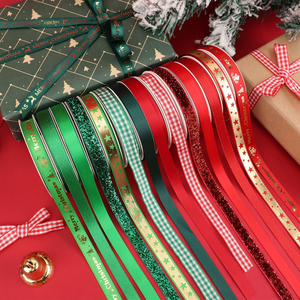 Set Pita Poliester Cetak Motif Kotak-Kotak Natal Berkualitas Tinggi 1cm untuk Pembungkus Kado, Dekorasi DIY untuk Pita Hijau/Merah - Product Image 2