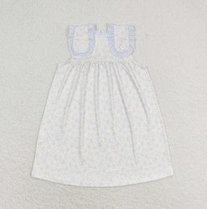 Light Blue Check Toddler Girl Soft Fabric Loungewear Floral Tank Dress Shorts Set - Product Image 3