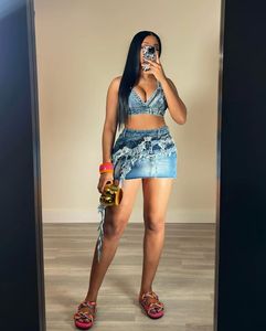 Summer <strong>Stretch</strong> <strong>Denim</strong> Two Pieces <strong>Skirt</strong> Set With v Neck <strong>Denim</strong> Top and Mini <strong>Denim</strong> <strong>Skirt</strong> - Product Image 4