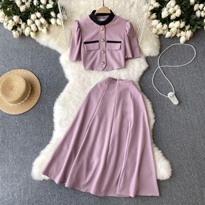 ชุดเดรสลำลองสำหรับผู้หญิงคอจีนคอจีนคอตั้งสีตัดกันเสื้อสั้นและกระโปรงครึ่งจีบทรงเอไลน์ดีไซน์ใหม่2024 - Product Image 4