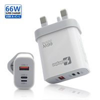 Chargeur électrique super rapide 3 en 1 conforme aux normes européennes PD 3.0 QC3.0, ignifuge, 66W, adaptateur d'alimentation USB A+C+L pour ordinateur portable et téléphone portable