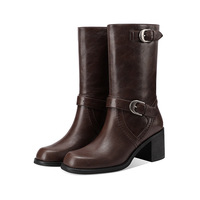 Bottines Western mi-mollet en cuir brillant à double boucle et talon carré