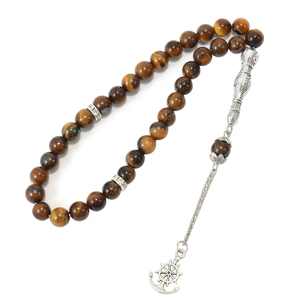 ODM & OEM 8 mm Tiger Eye Stone Beads Muslim Tasbih with Boat Anchor Pendant for Islamic Prayer 33 Bracelet Masbaha Subha