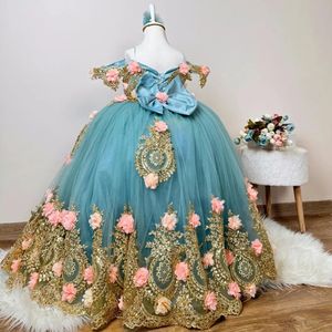Vestidos de Niña de las Flores Azules Personalizados para Bodas, Apliques Dorados, Tul con Rosas, Precioso Vestido de Princesa para Primera Comunión, Baile de Gala - Product Image 3