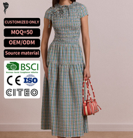 Nouvelle Robe Longue Évasée à Carreaux Vichy 2026, Manches Courtes, Col Froncé, à Volants
