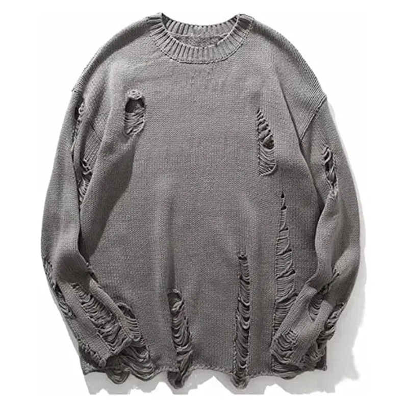 Sweaters for Men Ripped Cut Out Holes Long Sleeve Faded Distressed Top Knit Pullover Knitwear Vintage Streetwear