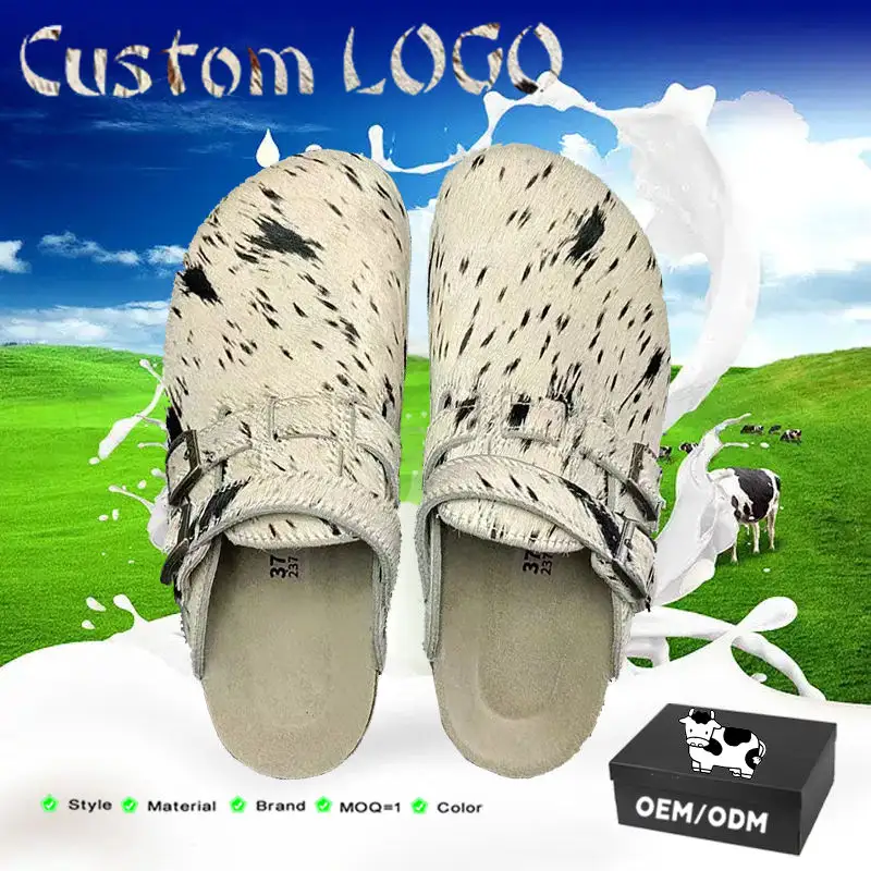 Zapatillas planas informales de cuero de alta calidad para mujer, sandalias de corcho para hombre, zapatos de playa, zapatillas personalizadas de cuero de felpa Animal