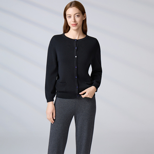Custom Luxury Casual Office Knitwear Black Round Neck Button-Down Sweater with Pockets Women's 100% Cotton Knit <b>Cardigan</b> - Product Image 3