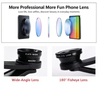 Evrensel Klipsli Mobil Kamera Lens Kiti 180 °   Akıllı Telefonlar ve iPadler için Balık Gözü 0.67X Geniş Açılı Makro 3'ü 1 Arada Lens, Selfie ve Vlog Çekimi için