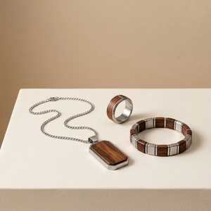Juego de Joyería para Hombre de Acero Inoxidable 316L con Incrustaciones de Madera, Collar con Colgante de Madera de Nogal, Pulsera y Anillo, Regalo - Product Image 3