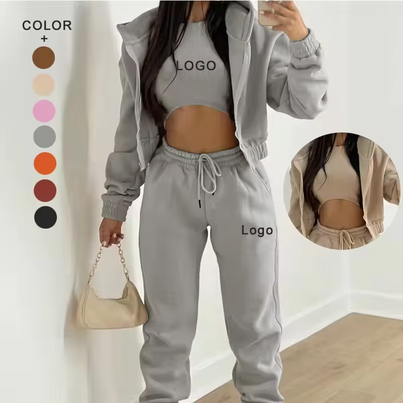 European American Women's Breathable Lightweight Sportswear Set Hooded Sports Sweater Autumn Three-Piece Fitness Yoga Set