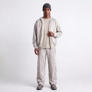 Men's Vintage Washed Tracksuit Set Oversized Snap Button <b>Hoodie</b> Wide Leg Sweatpants Print Streetwear Two Piece OEM <b>Christmas</b> Set - Product Image 1