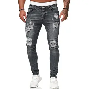 Heren Lichtblauwe Skinny Street Fashion Stretch Duurzame Tie-Dye Kleurrijke Patch Slim Fit Gescheurde Jeans Broek Voor Heren