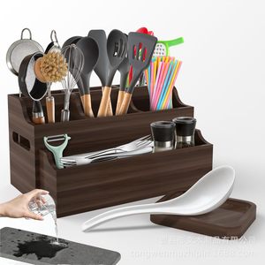 Wooden Cutlery <b>Storage</b> <b>Box</b> With Compartments For <b>Kitchen</b> utensils Organizer Standing Type Rectangular Solid Color - Product Image 1
