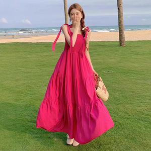 Halter Dress Women Summer Beach Long Skirt Tight Waist Solid Color Breathable Vacation Wear - Product Image 1