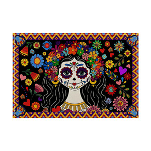 Decoración <span class=keywords><strong>de</strong></span> restaurante <span class=keywords><strong>Día</strong></span> mexicano <span class=keywords><strong>de</strong></span> los muertos Dibujos animados Color Rectangular Lino Aislamiento Pad Mantel estampado a rayas - Product Image 1