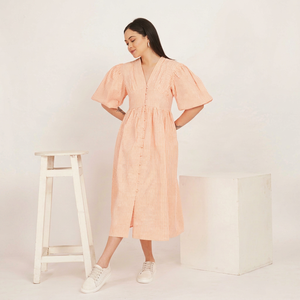 Vestido Midi de Gasa con Estampado Floral, Cuello en V, Manga Corta, Estilo Boho, Corte en A, Ajuste Holgado, Cintura Imperio, para Uso Diario, Vestido Casual de Verano - Product Image 1