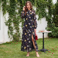Robe longue élégante en mousseline à imprimé floral, col noué, manches longues, volants et fente, pour femme, idéale pour les mariages, les cocktails et les soirées.