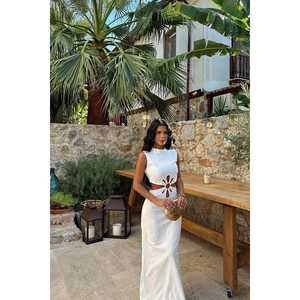 Robe de soirée longue en satin polyester blanc, coupe trapèze et droite, avec détail anneau à sequins, style simple, taille XL - Product Image 4