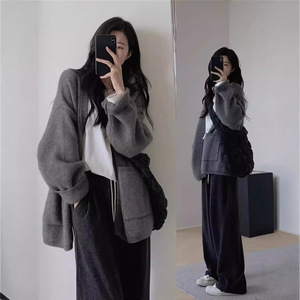 Gray Cardigan Sweater Women Autumn Winter 2025 Loose Knit Top Outerwear Solid Color Simple Style - Product Image 1