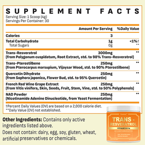 Formule à base de plantes naturelles 3000mg Trans-Resvératrol en poudre avec extrait de raisin, Quercétine, Pterostilbène et NAD - Product Image 6