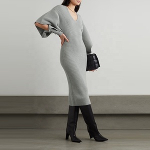 OUDINA Nuovo Stile Abiti Semplici con Scollo a V, Design a Maniche Lunghe Irregolari, Vestito in Maglia con Vita Elasticizzata per Donne - Product Image 2