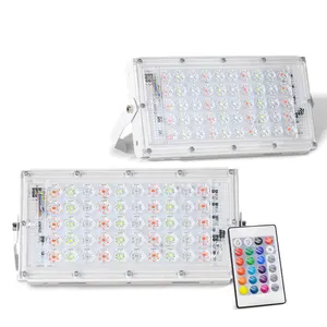 สีสปอตไลท์ไฟ LED น้ําท่วมโคมไฟสวนกลางแจ้ง RGB ใหม่สําหรับกันน้ํากลางแจ้งประหยัดพลังงาน AC220V 50W 100W เหล็กสีขาว 80