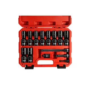 3/8 "Swivel Socket Set 6 Punt CR-MO Metrische 10-19Mm Universele Socket 14 Stuks Diepe Universele Impact Socket Set