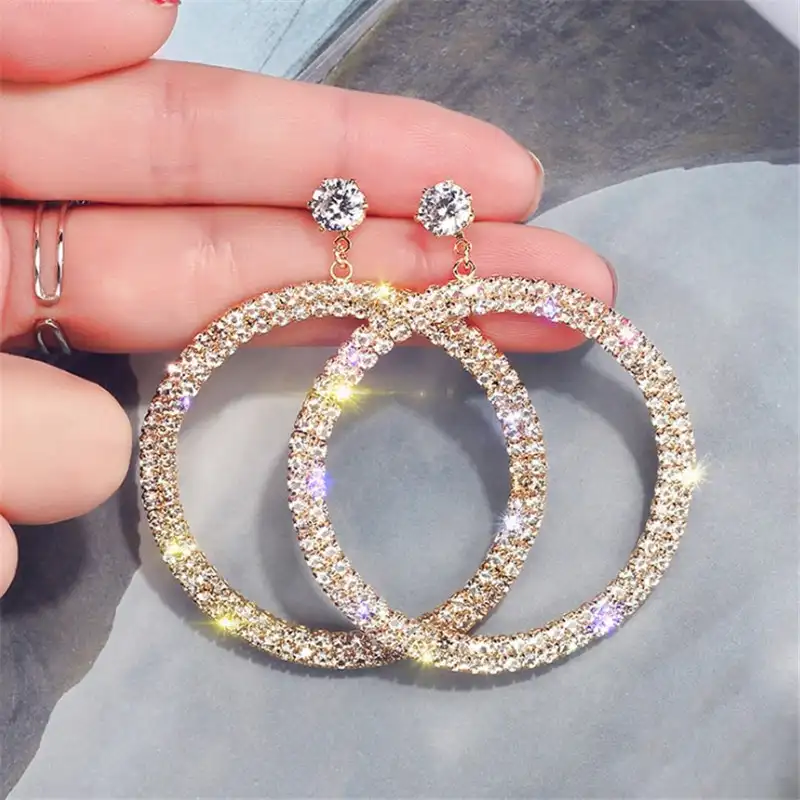 2020 Fashion Statement Vintage Korean Big Bling Crystal Rhinestone Hoop Earrings for Women Jewelry