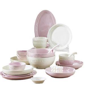Juego completo de <span class=keywords><strong>vajilla</strong></span> de cerámica de color <span class=keywords><strong>rosa</strong></span> cereza para el hogar inglés en relieve, juego completo de sopa de arroz y trufa blanca y palillos - Product Image 5