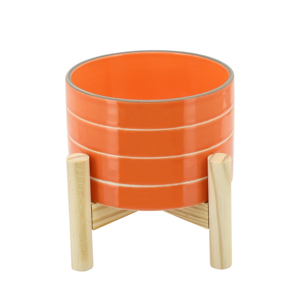Pot de fleurs en céramique rayé avec support en bois, petit pot pour la décoration intérieure, entrée, patio, table, jardin - Product Image 1