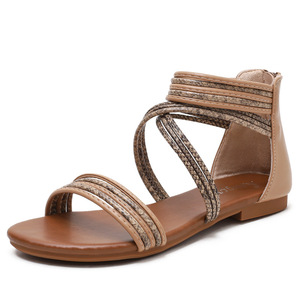 Elegant Brown Genuine Leather <b>Flat</b> <b>Sandals</b> Open Toe Slip-On Women's Summer Breathable Strappy Design Drop Shipping - Product Image 2