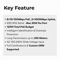 Protection multicouche Commutateur PoE 8 ports 100Mbps 120W avec liaison montante 2 Gigabit 1000BASE-T RJ45 pour caméras IP