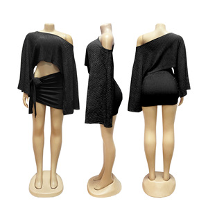 Ensemble tendance et décontracté kaki 2026, haut court à épaules dénudées + <span class=keywords><strong>mini</strong></span>-jupe fendue, ensemble deux pièces - Product Image 6