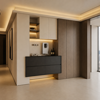 Maßgefertigter Moderner Eingebauter Eingangsbereich-Aufbewahrungsschrank Griffloser Wandmontierter Schrank mit Holzfurnier-Paneelen und LED-Regalen