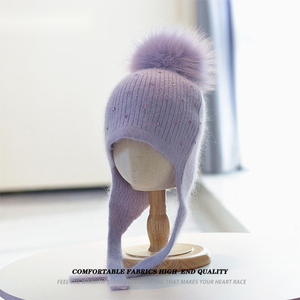 <span class=keywords><strong>Bonnet</strong></span> en laine angora tricoté sur mesure pour <span class=keywords><strong>femme</strong></span> avec strass et <span class=keywords><strong>pompon</strong></span> en fourrure - Motif uni, idéal pour le ski et les voyages - Product Image 4