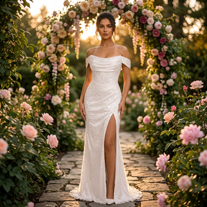 Robe de mariée vintage élégante à perles, coupe trapèze, décolleté sans bretelles, longueur ras du sol, en tulle, taille naturelle, broderie de cristaux, satin - Product Image 1