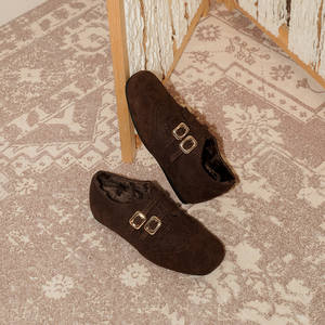 Женские лоферы Pear Xiaoqi в британском стиле с квадратным носком, на скрытой танкетке, с двойной пряжкой, на флисовой подкладке, однотонные, ретро, из кожи броги - Product Image 6