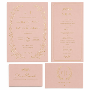 Suite d'invitations de <span class=keywords><strong>mariage</strong></span> personnalisées en carton, couleur blush poudré, avec menu et marque-place, dorure à chaud, pour papeterie de jardin romantique printanière, logo personnalisé, faible coût - Product Image 1