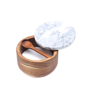 Caja clásica de madera de acacia para especias, hierbas, sal, pimienta, cuenco, coctelera de bodega, tapa de mármol gris, cuchara para cocina, incluido el azúcar clásico - Product Image 1