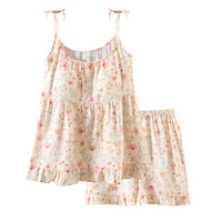Pyjama d'été floral en pur coton sans col pour femme, ensemble caraco et short avec coussinets de poitrine, en gaze fine 121-140g/m, tenue d'intérieur douce